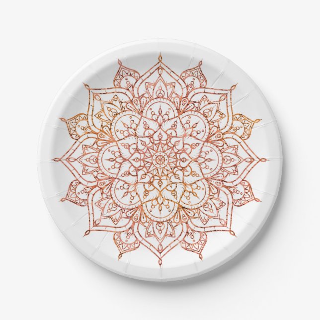 Plato De Papel Mandala rosa y Naranja en Glam Blanco (Anverso)