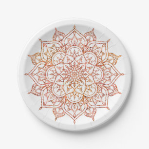 Plato De Papel Mandalá rosa y naranja sobre glam blanco