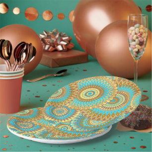 Plato De Papel Mándala superpuesto azul marrón dorado