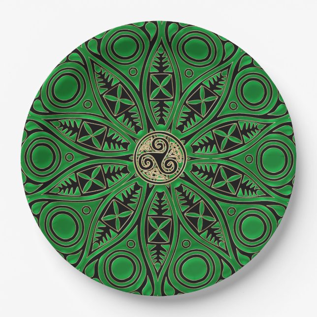 Plato De Papel mandala verde rish de Triskele del Celtic (Anverso)