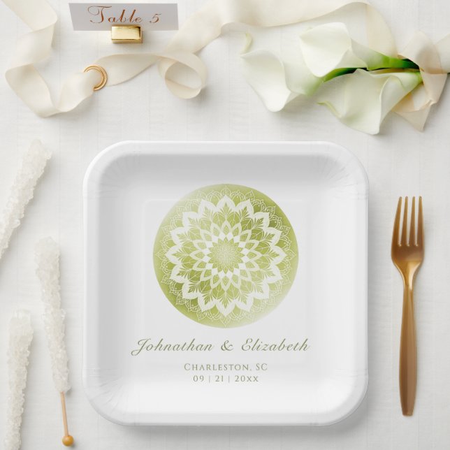 Plato De Papel Mandalas de encaje verde para boda (Boda)