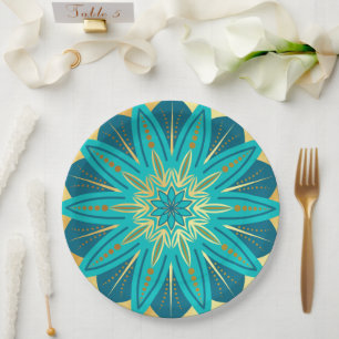 Plato De Papel Mandalas de Flor de Oro Azul