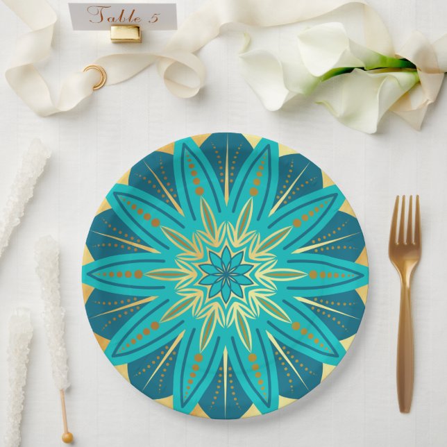 Plato De Papel Mandalas de Flor de Oro Azul (Boda)