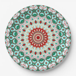 Plato De Papel Mandalas Navideños en Rojo, Verde y Blanco Inverna
