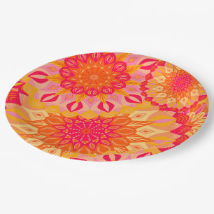 Plato De Papel Mandalas superpuestos naranja rosa amarillo