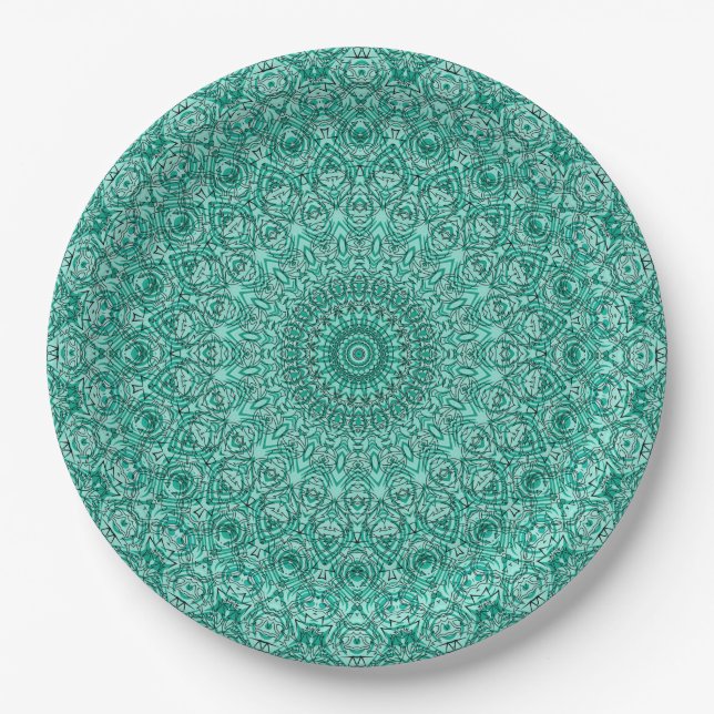 Plato De Papel Mandalas Turquesas con Intrincada Simetría (Anverso)