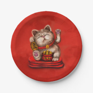 Plato De Papel Maneki-neko Beckoning gato sobre rojo