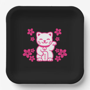 Plato De Papel Maneki-neko japonés rosado