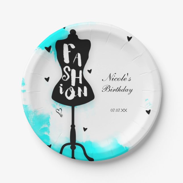 Plato De Papel Mannequin Stand FASHION Aqua & White con corazón (Anverso)