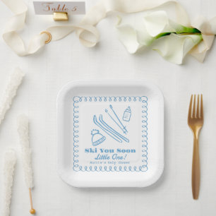 Plato De Papel Mano Azul Dibujada Esquí Pronto Niño Baby Shower