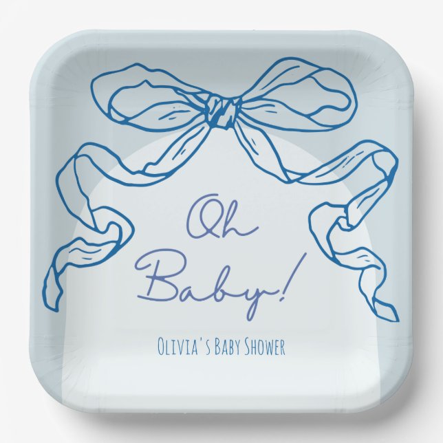 Plato De Papel Mano azul retro caprichoso trenzado de Baby Shower (Anverso)