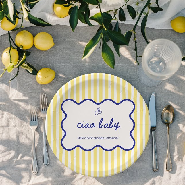 Plato De Papel Mano de bebé de Ciao dibuja Baby Shower azul y ama (ciao baby yellow stripes hand drawn italian baby shower personalized paper plates)
