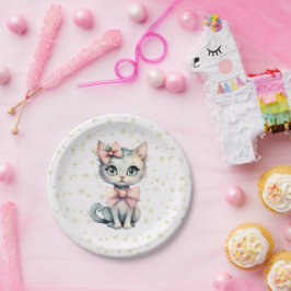 Plato De Papel Mano De Color De Agua Dibujada Kitty Con Dos Arcos