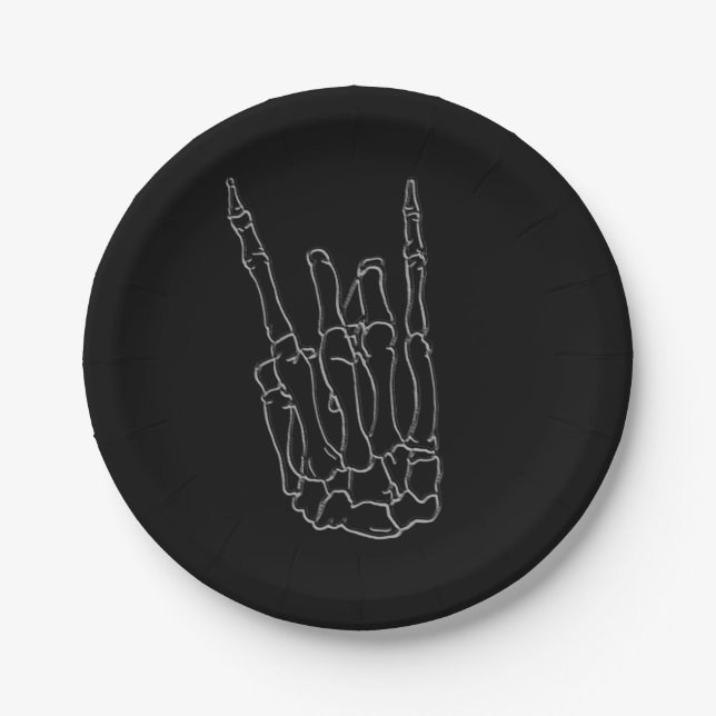 Plato De Papel Mano de Esqueleto Estrella de Rock Cumpleaños Negr (Anverso)