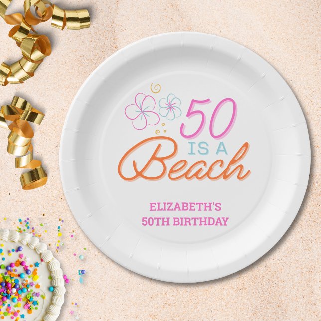 Plato De Papel Mano de moda Dibujando Doodle 50th Beach Birthday (Subido por el creador)