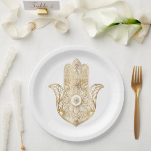 Plato De Papel Mano Hamsa Gold Sunflower