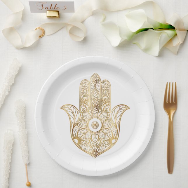 Plato De Papel Mano Hamsa Gold Sunflower (Boda)
