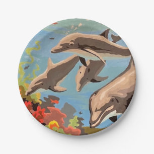 Plato De Papel Mano Pintada Por Número Delfines lúdicos
