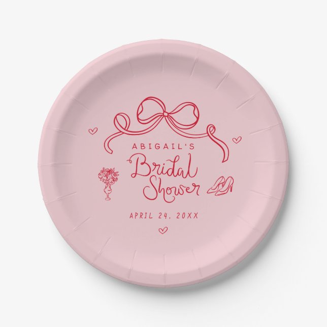 Plato De Papel Mano Retro Rojo Rosa Dibujó Hermosa Ducha Bridal (Anverso)