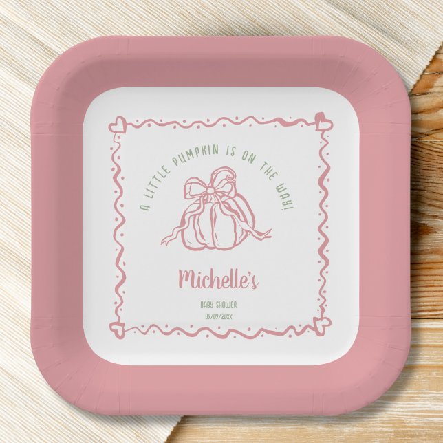 Plato De Papel Mano única de la pequeña calabaza Cae Baby Shower (unique hand drawn pink pumpkin with a bow)