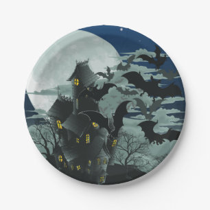 Plato De Papel Mansión Embrujada Espeluznante Murciélagos Luna Ll
