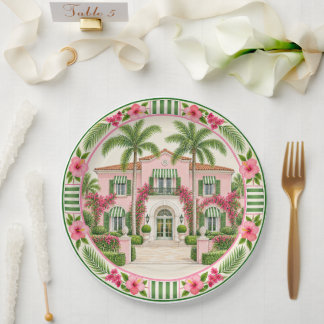 Plato De Papel Mansión Tropical Hibisco Rosa y Verde de Palm Beac