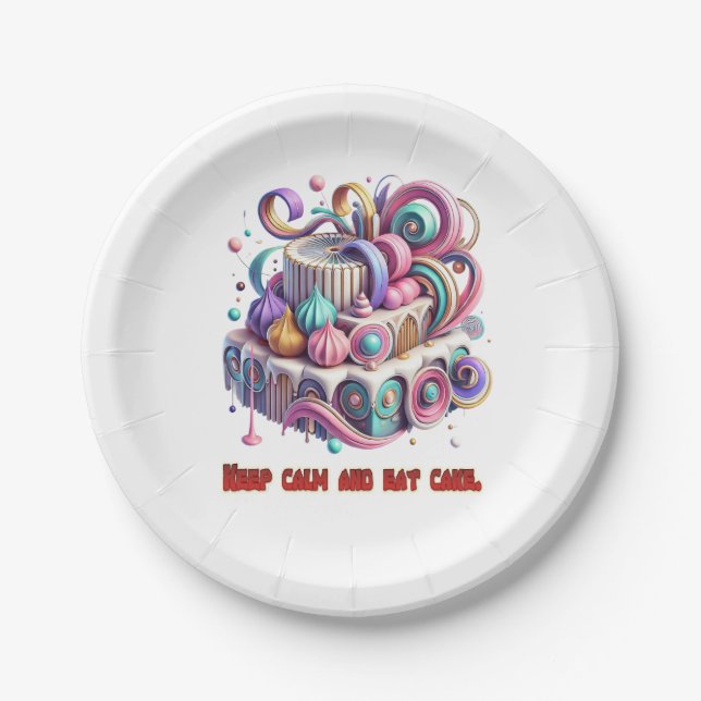Plato De Papel Mantener la calma y comer pastel (Anverso)