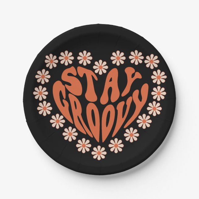 Plato De Papel Mantente Groovy Heart Con Flores (Anverso)