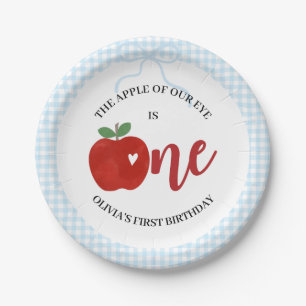 Plato De Papel Manzana de nuestros ojos lazo de gingham azul cump