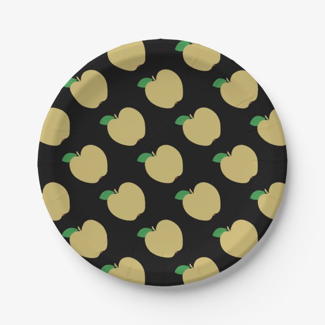 Plato De Papel Manzana Dorada sobre Negro (Anverso)