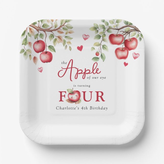 Plato De Papel Manzana Dulce De Nuestros Ojos | 4º Cumpleaños (Anverso)