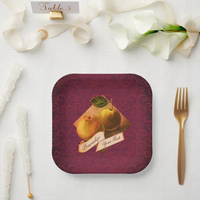Plato De Papel Manzanas Vintage Personalizables Elegante Damasco  (Boda)
