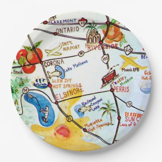 Plato De Papel Mapa Colorido de Riverside - California (Anverso)