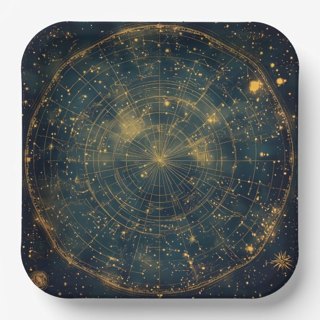 Plato De Papel Mapa de estrellas celestes doradas (4) (Anverso)
