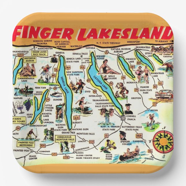 Plato De Papel Mapa de los Finger Lakes de Nueva York (Anverso)