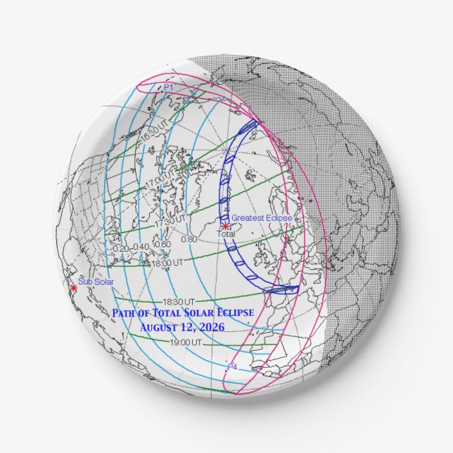 Plato De Papel Mapa del eclipse solar total de 2026 (Anverso)