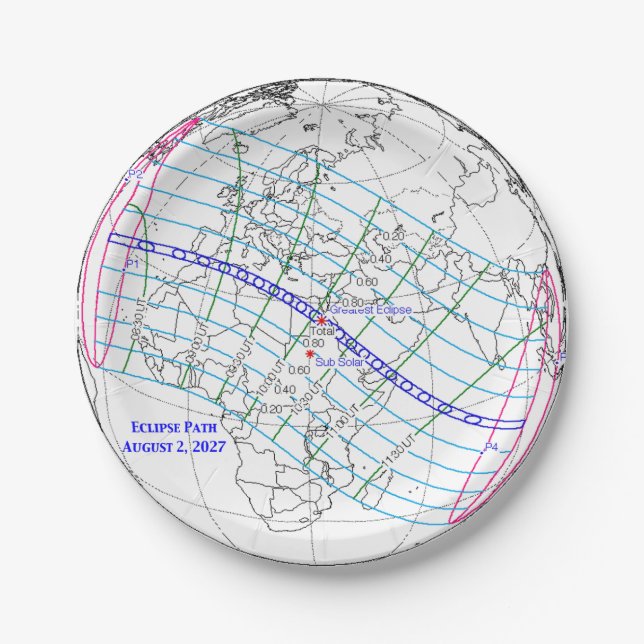Plato De Papel Mapa del eclipse solar total de 2027 (Anverso)