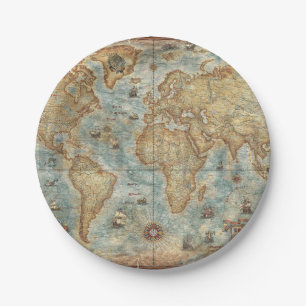 Plato De Papel Mapa del mundo dibujado antigüedad del vintage de