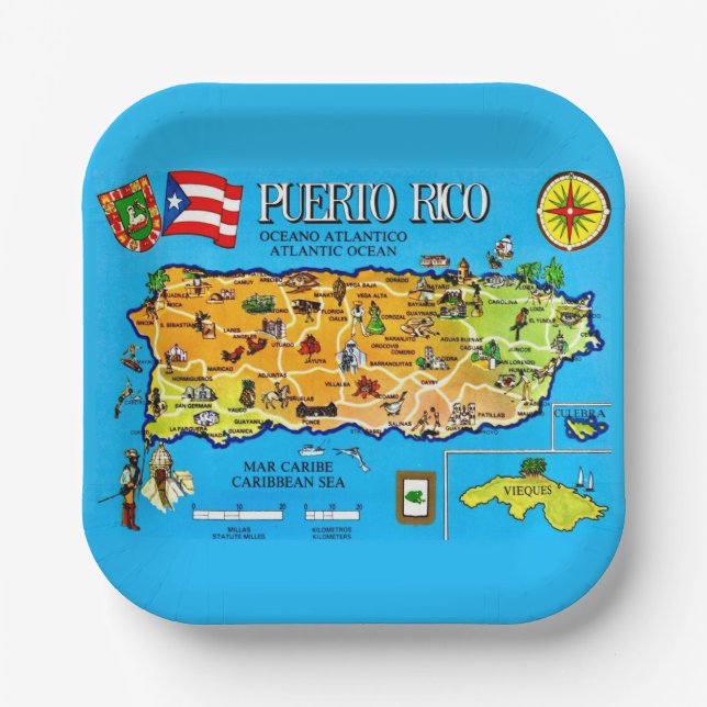 Plato De Papel Mapa del país de Puerto Rico (Anverso)