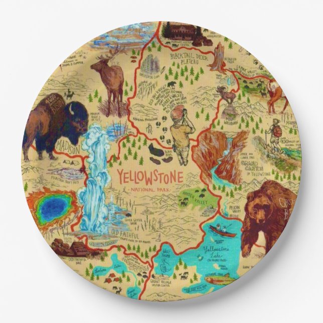 Plato De Papel Mapa del Parque Nacional Yellowstone (Anverso)
