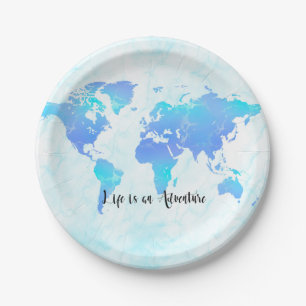Plato De Papel Mapa Mundial Morado y Azul La vida es una Fiesta d