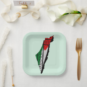 Plato De Papel Mapa palestino con bandera y patrón de Keffiyeg