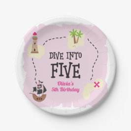 Plato De Papel Mapa pirata sumergirse en cinco cumpleaños rosado