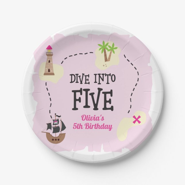 Plato De Papel Mapa pirata sumergirse en cinco cumpleaños rosado (Anverso)