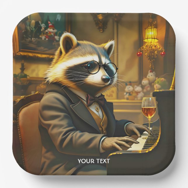 Plato De Papel Mapache De Piano Lindo Fantasía Tocando (Anverso)