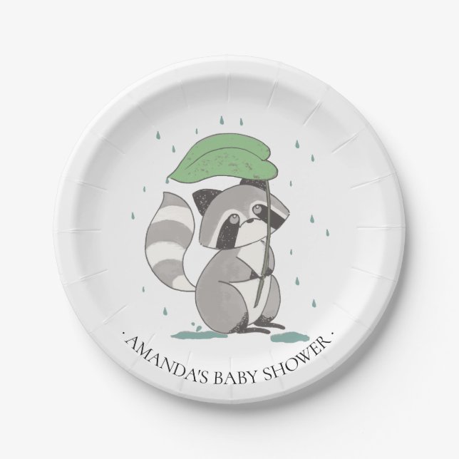 Plato De Papel Mapache dulce Baby Shower neutral 7" placa (Anverso)