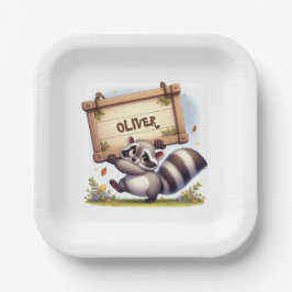 Plato De Papel Mapache Lindo con Letrero de Nombre Personalizable