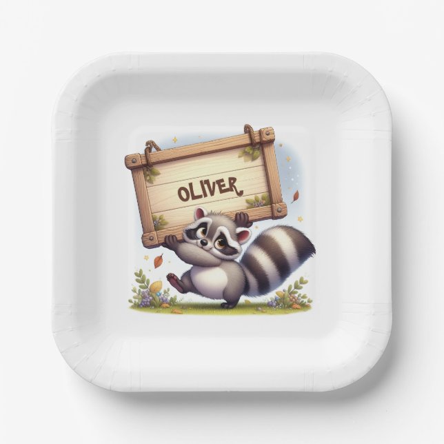 Plato De Papel Mapache Lindo con Letrero de Nombre Personalizable (Anverso)