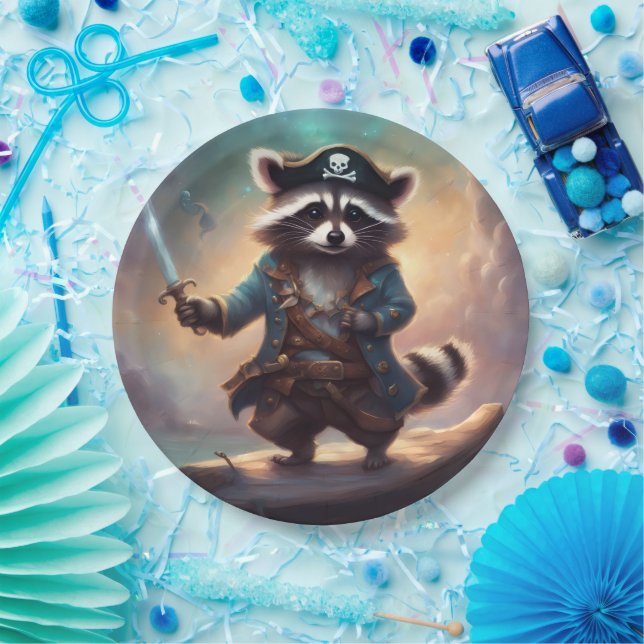 Plato De Papel Mapache Pirata sobre madera flotante (Fiesta)