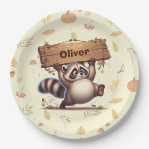 Plato De Papel Mapache Regordete Adorable con Placa de Nombre de